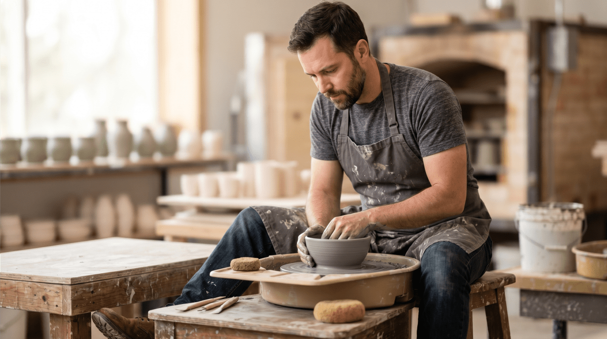 Pottery studio owner throwing clay on a wheel at a handmade ceramics and pottery business
