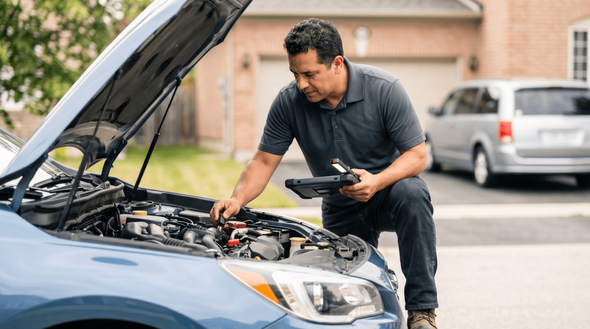 Pre-purchase vehicle inspection mechanic inspecting a used car for an automotive inspection business