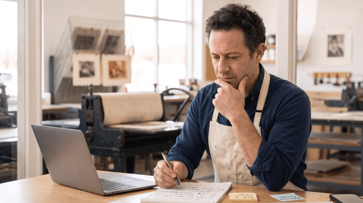 Printmaking studio owner brainstorming business name ideas