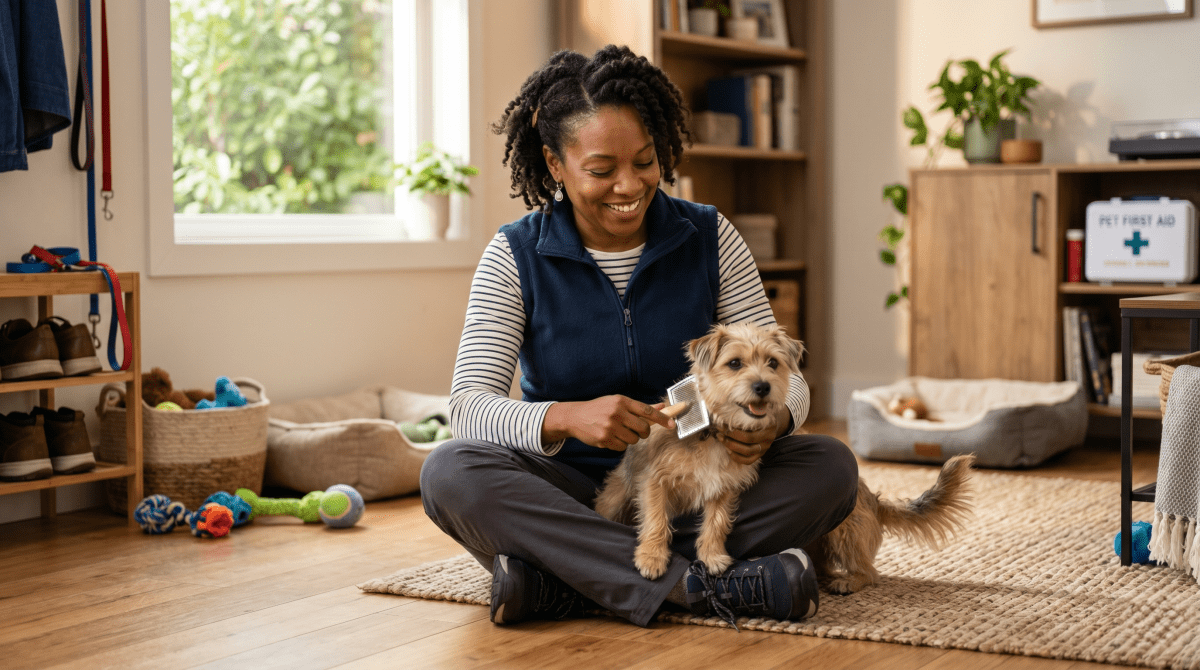 Pet sitting business owner playing with cats and dogs in a home setting