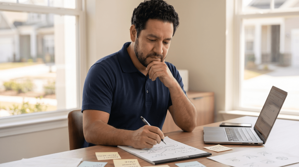 Property management business owner reviewing LLC name ideas for a real estate management company
