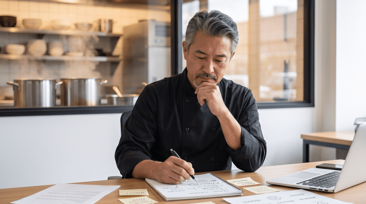 Ramen shop owner brainstorming business name ideas