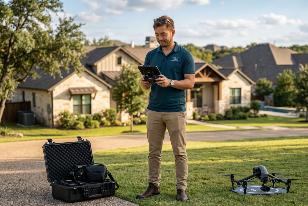 Drone real estate photography business owner holding a drone monitor ready to capture aerial property photos