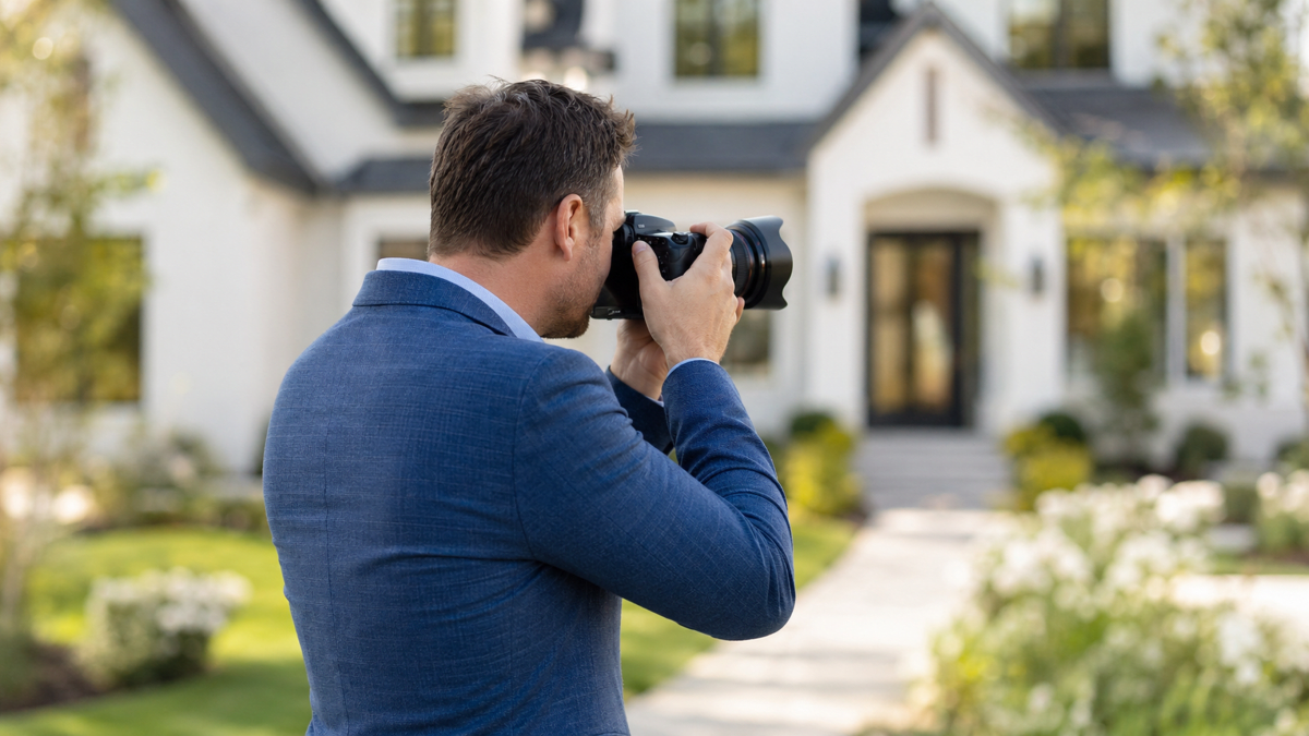 Real estate photography business owner capturing professional photos of a property