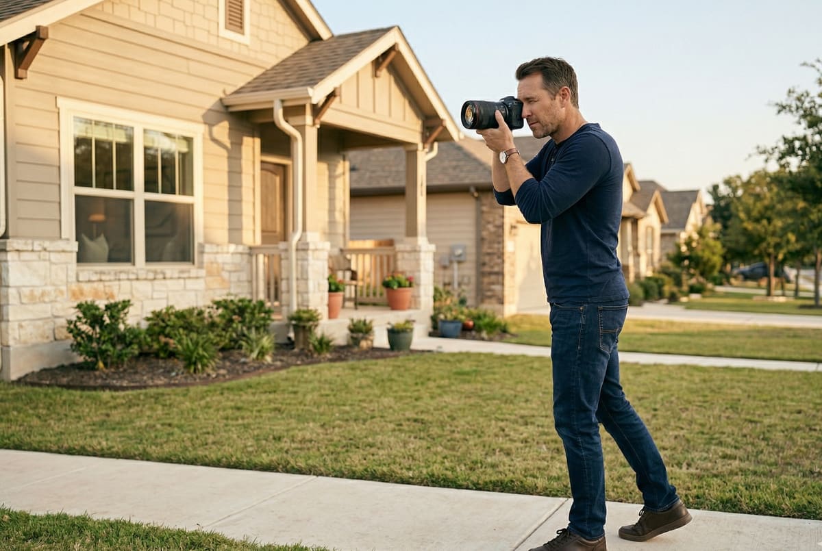 Real estate photography business owner capturing professional photos of a property