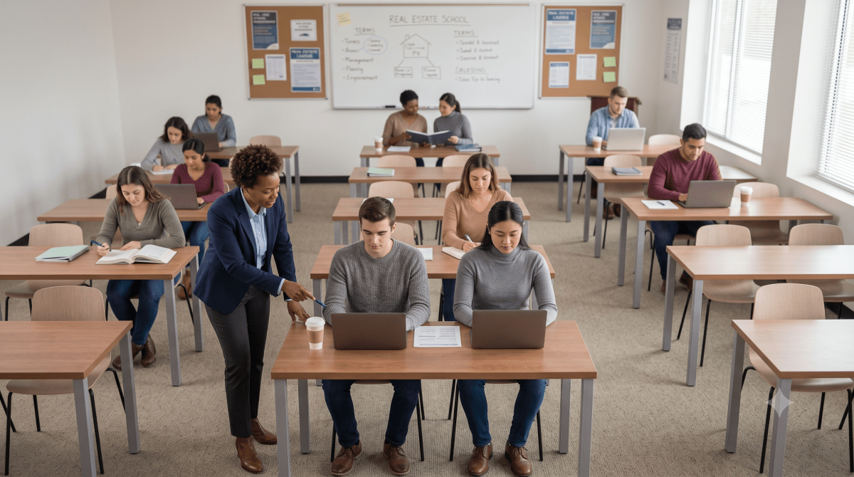 Real estate school owner teaching a real estate class