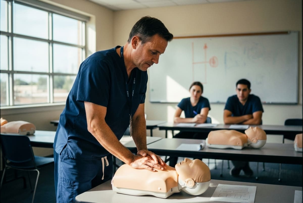 CPR training instructor demonstrating life-saving techniques on a mannequin during a certification class