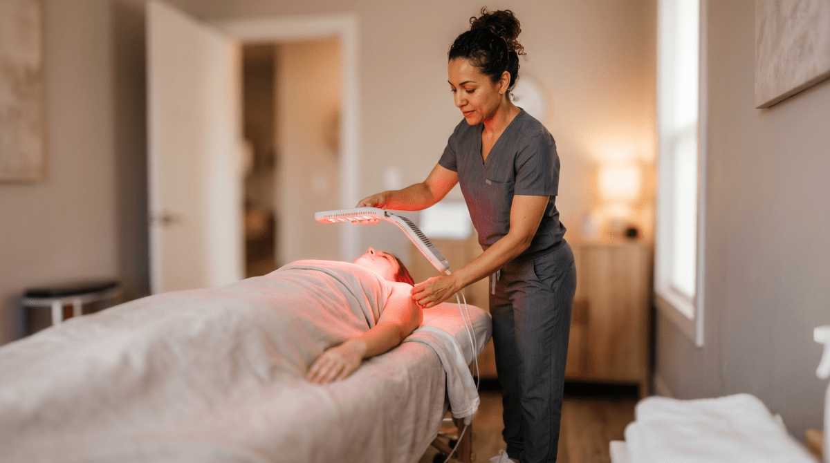Red light therapy studio owner preparing a treatment panel for a session