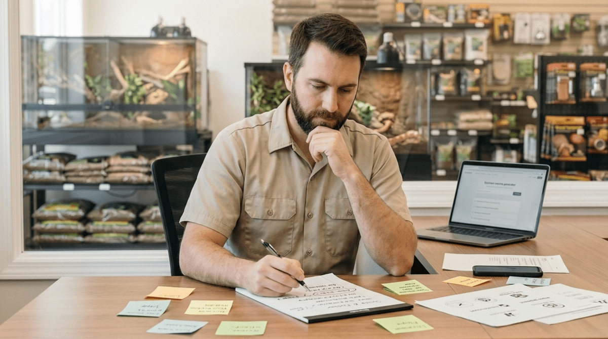 Reptile and exotic supply store owner brainstorming business name ideas