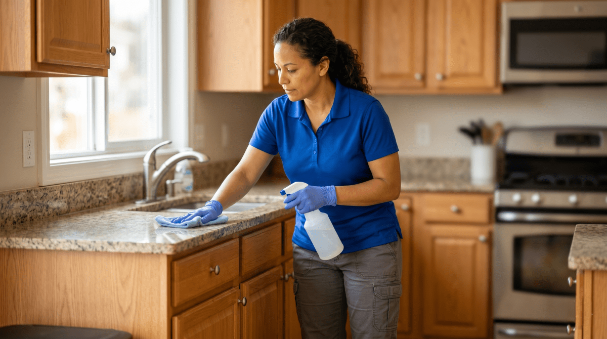 Female residential cleaning service professional cleaning a client's home
