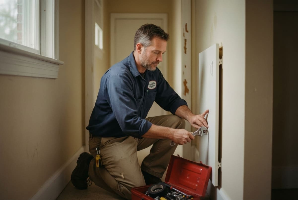 Residential property maintenance technician completing repair work at a client's home