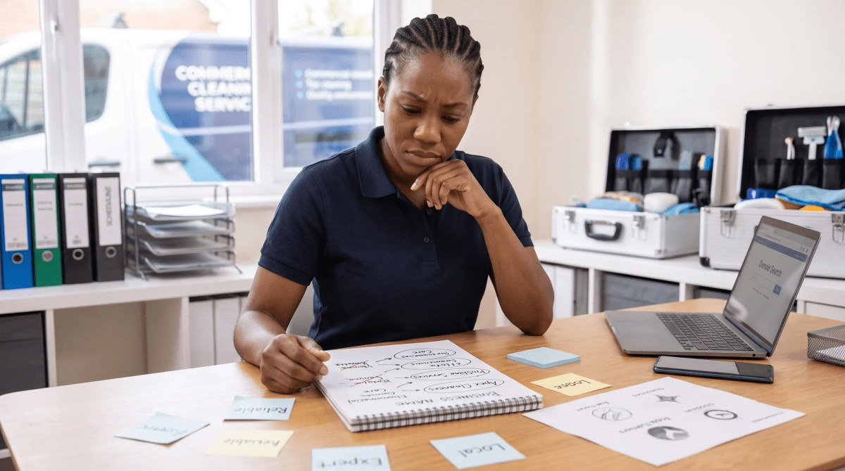 Restaurant cleaning owner brainstorming business name ideas