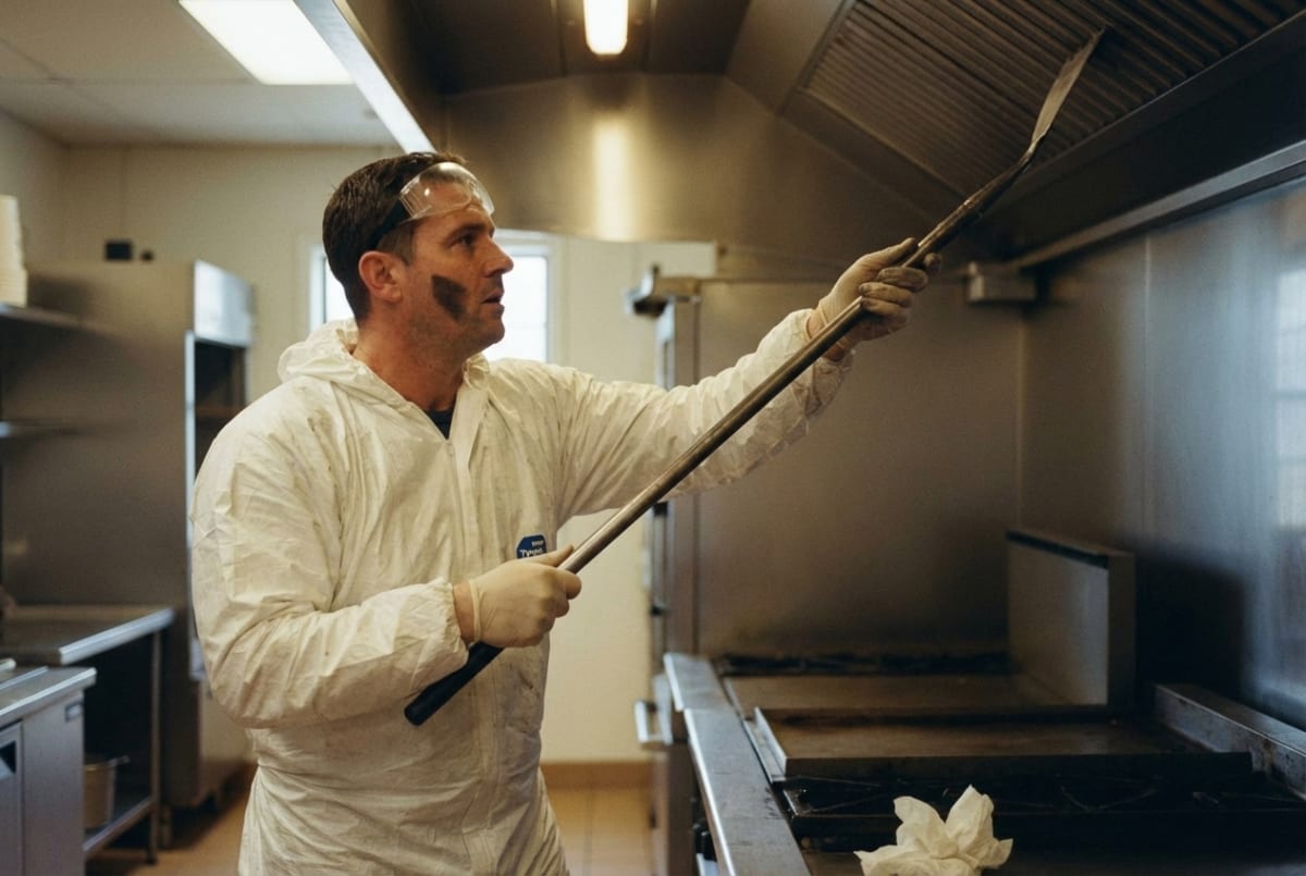 Commercial kitchen exhaust cleaning technician degreasing hood vents in a restaurant kitchen