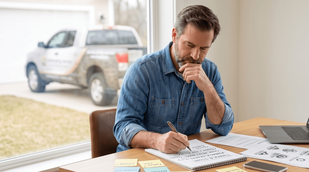 Retaining wall installation owner brainstorming business name ideas