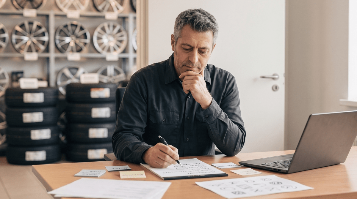 Rim and wheel shop owner brainstorming business name ideas