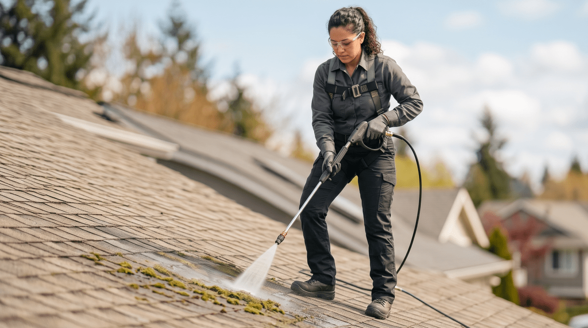 Roof cleaning service owner cleaning a roof