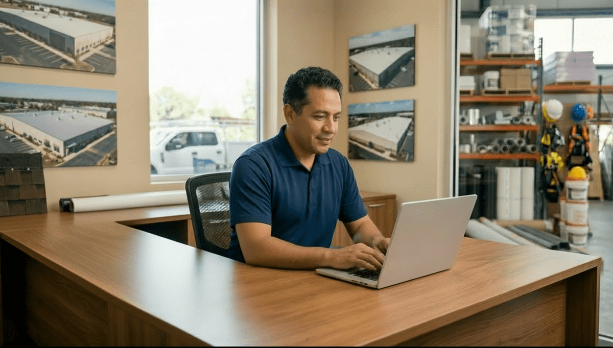 Roofing contractor starting a roofing business LLC on a laptop