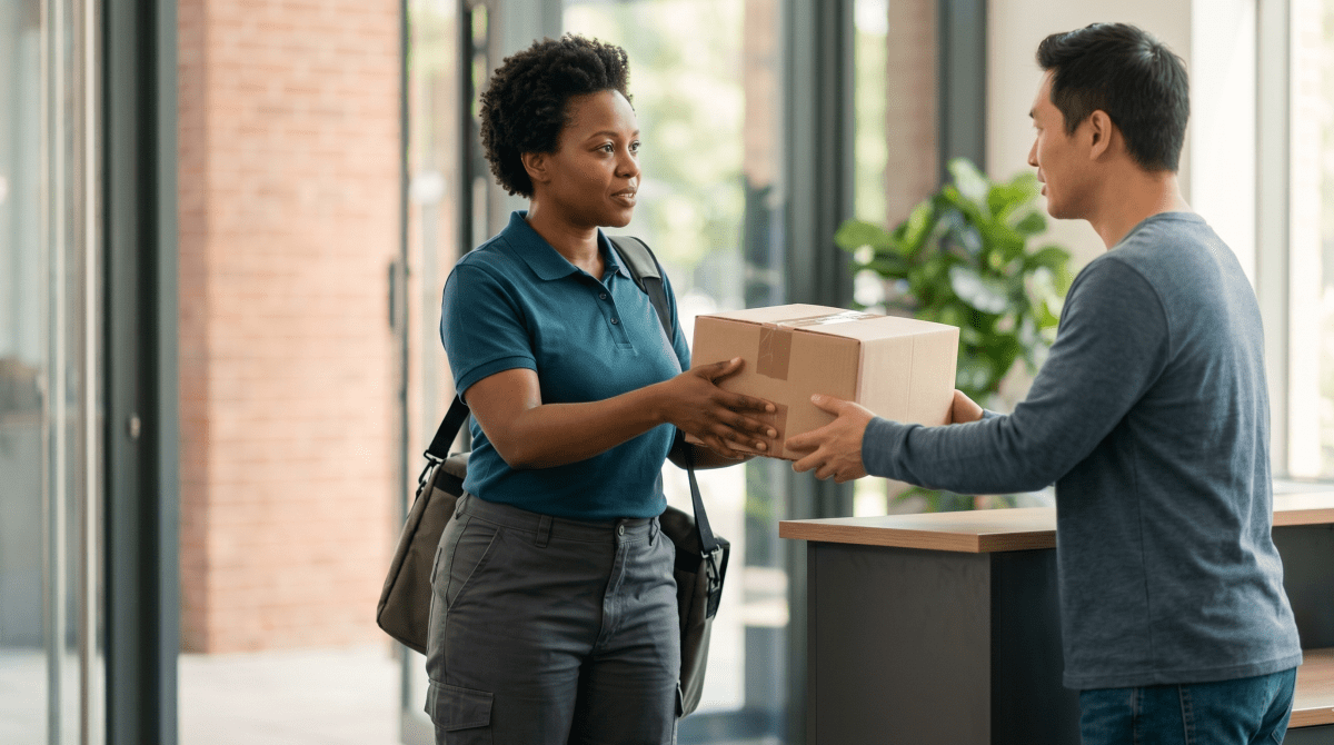 Same-day courier delivering a package for a local courier and delivery services business