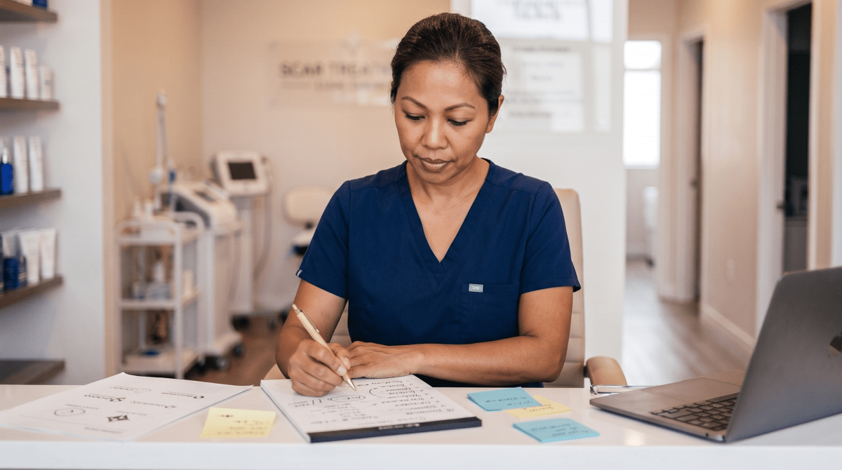 Scar treatment clinic owner brainstorming business name ideas