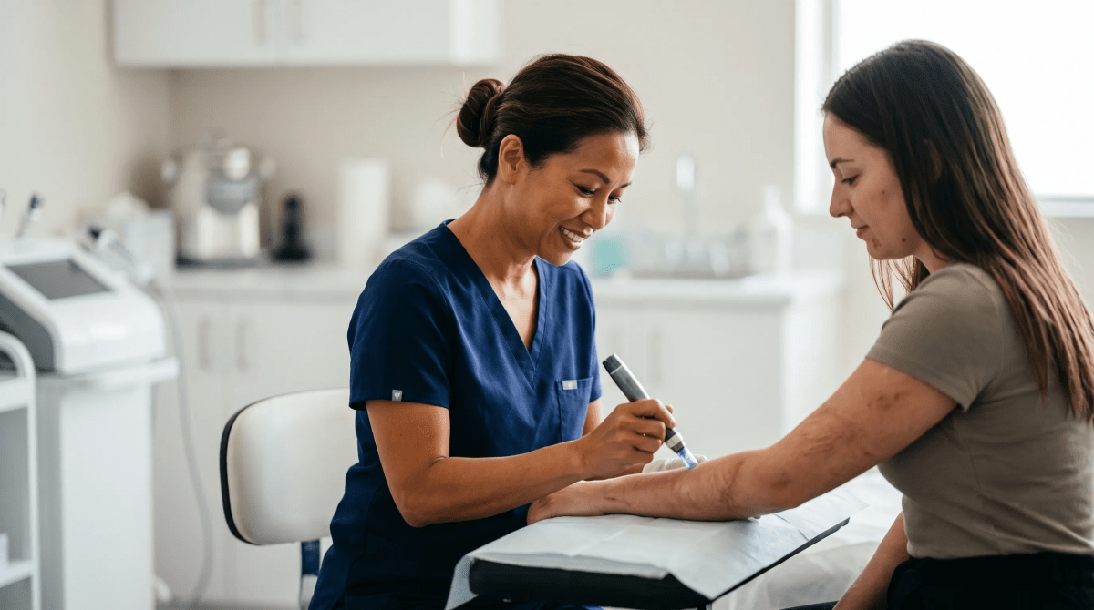 Scar treatment clinic specialist assessing a client's skin during a consultation