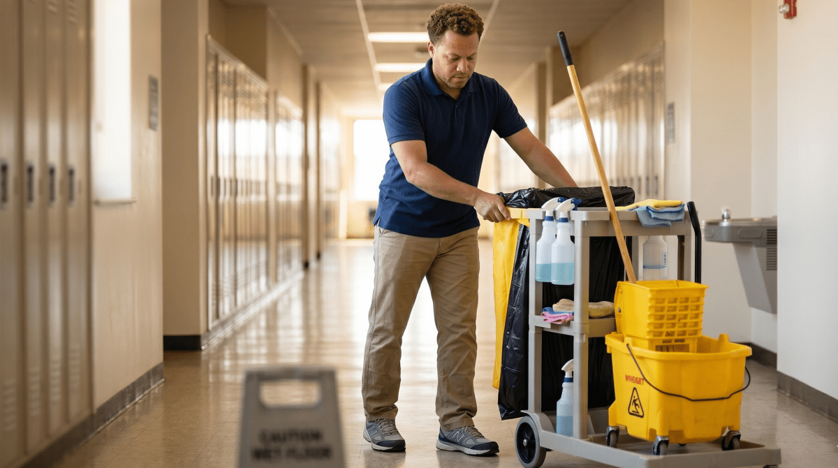 School cleaning business owner cleaning a school for an educational facility cleaning service