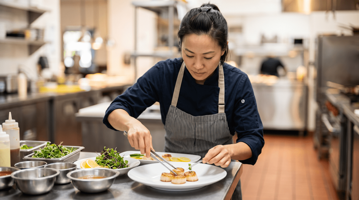Seafood restaurant owner working on their business