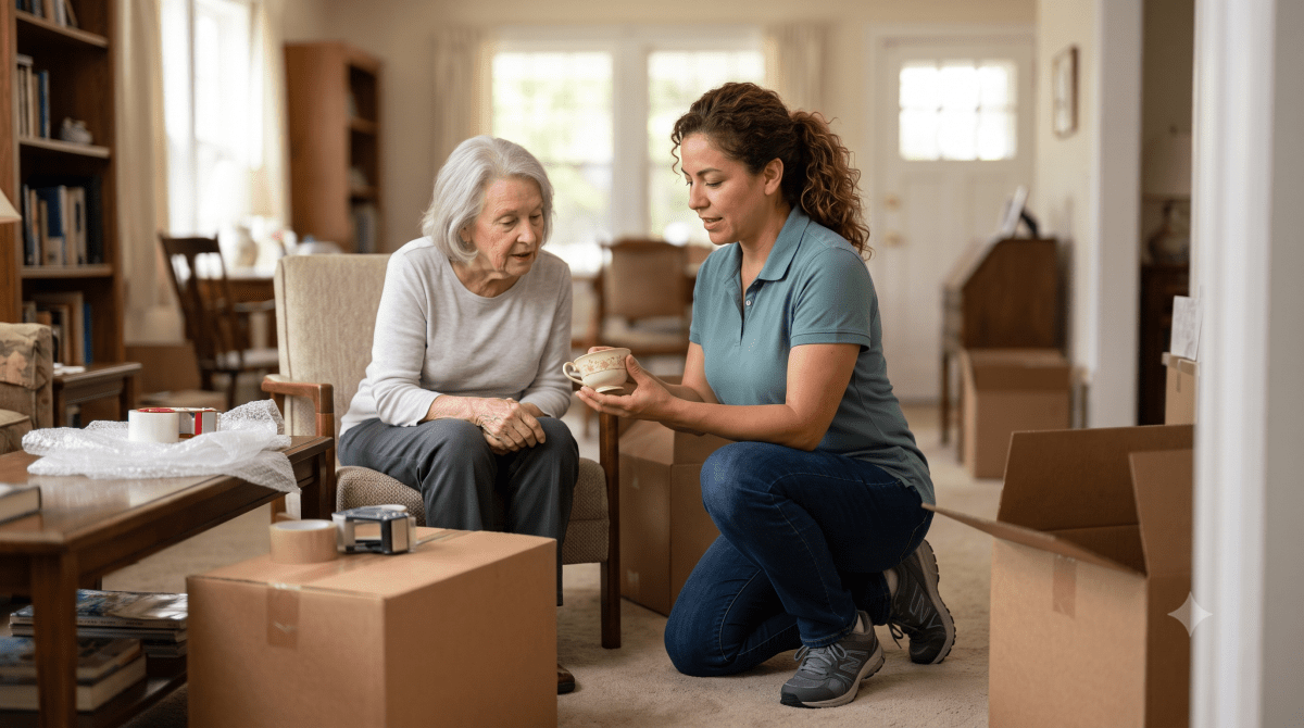 Senior move management business owner assisting a senior with a move