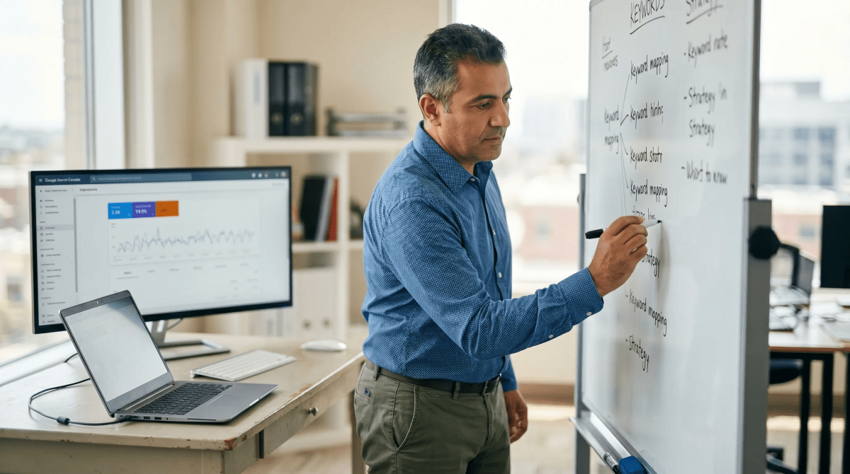 SEO agency business owner analyzing search performance data on a computer
