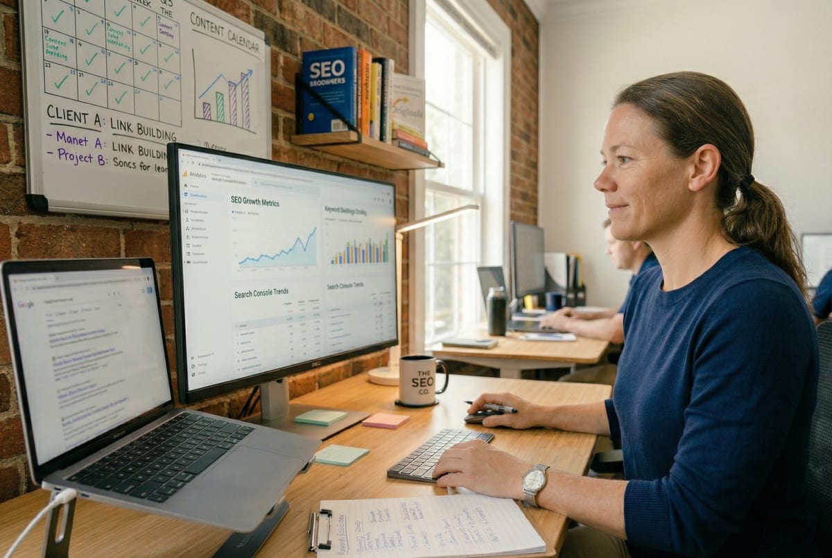 SEO agency business owner analyzing search performance data on a computer