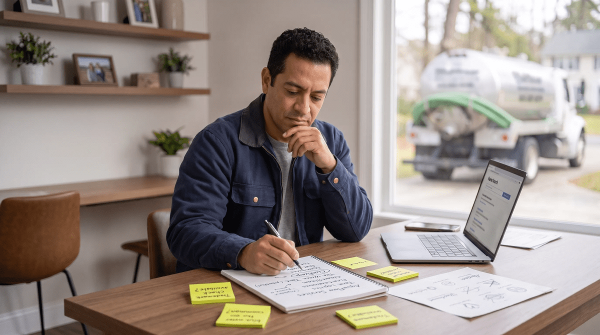 Septic system services owner brainstorming business name ideas