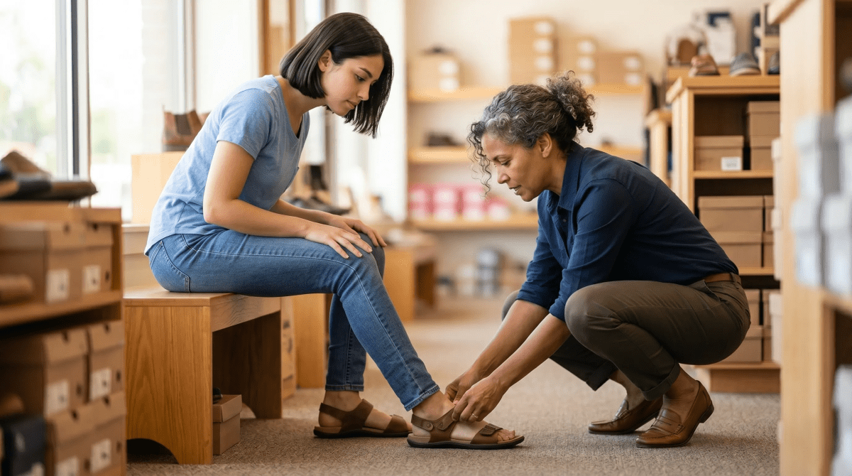 Shoe store business owner helping a customer try on and select the right pair of shoes