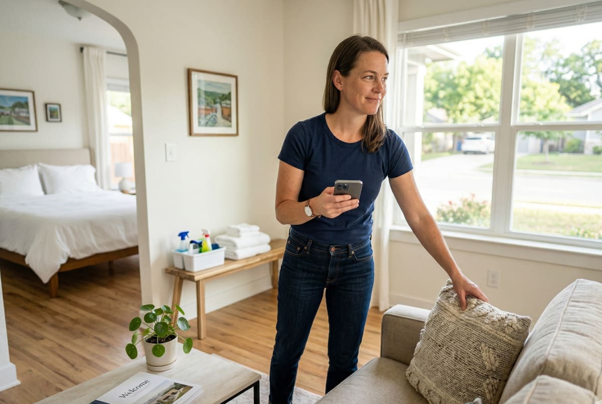 Short-term rental business owner managing an Airbnb or VRBO property for guests