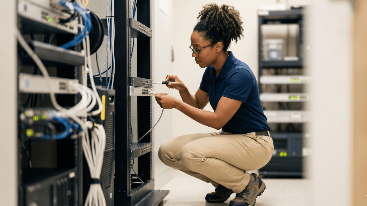 Small business IT support specialist troubleshooting a client’s network and technology systems
