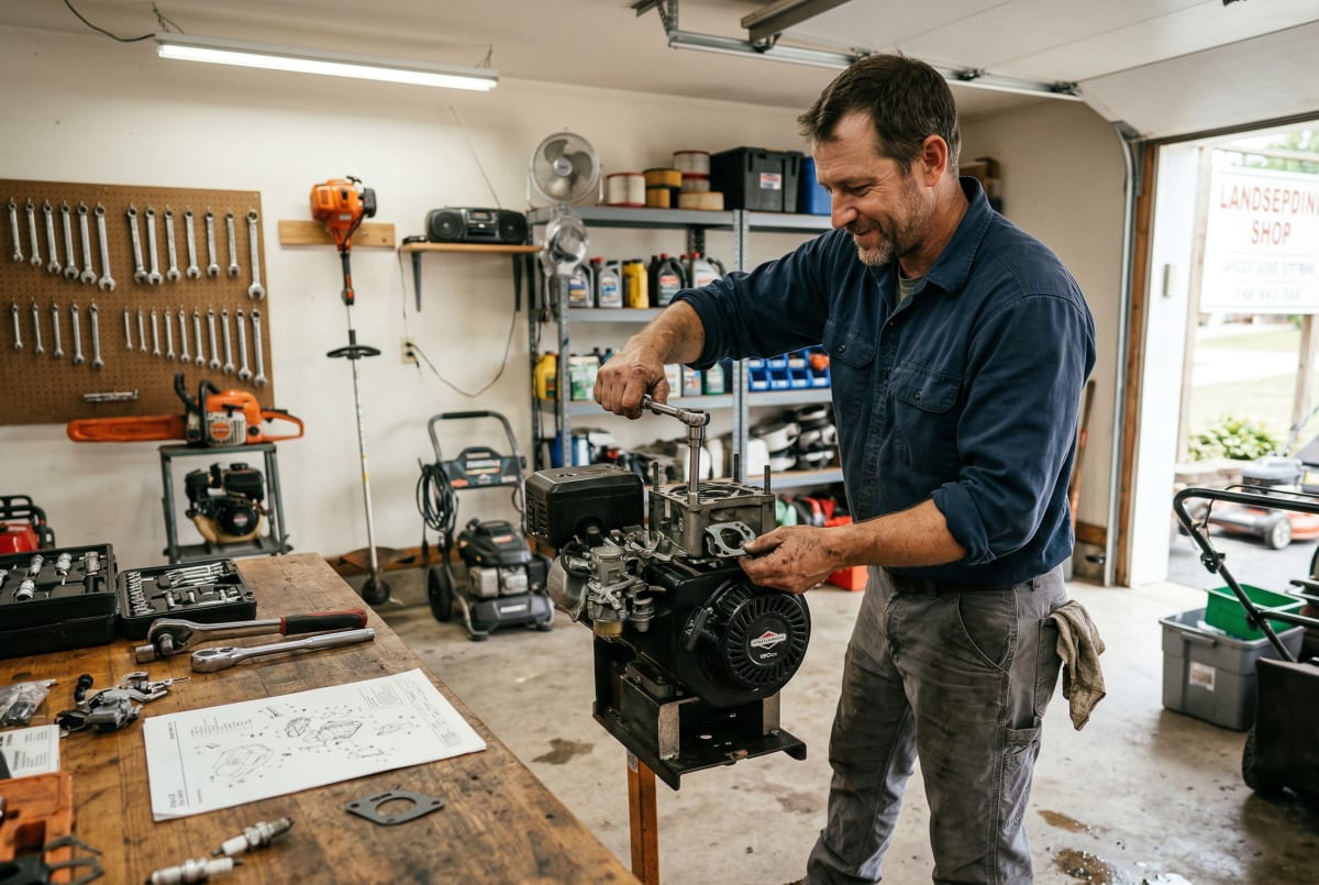 Small engine repair technician actively diagnosing and repairing a small engine in a garage
