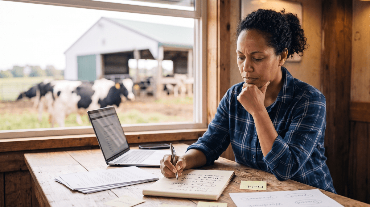 Small-scale dairy farm owner brainstorming business name ideas