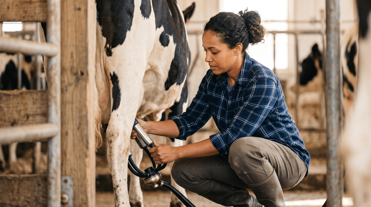 Small-scale dairy farm owner standing among grazing cattle in a pasture near a barn