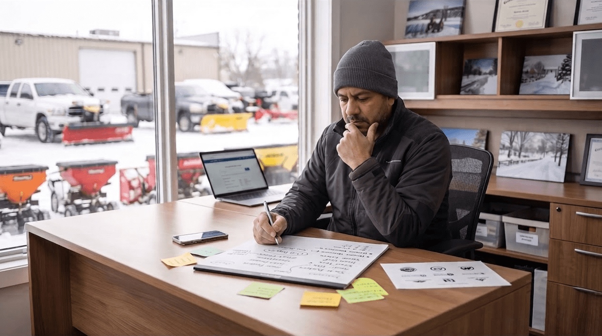Snow plowing service business owner brainstorming business name ideas