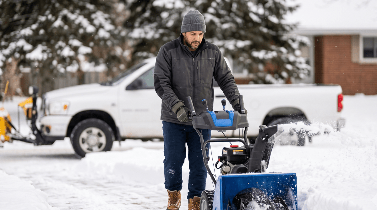Snow plowing service owner clearing a lot with a plow-equipped truck