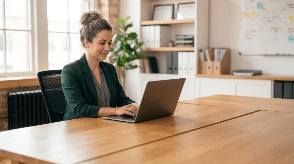 Social media agency owner registering a social media business as an LLC from desk
