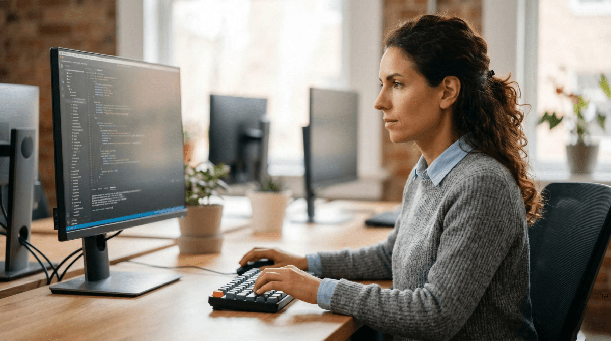 Software development agency business owner collaborating with a team of developers in an office
