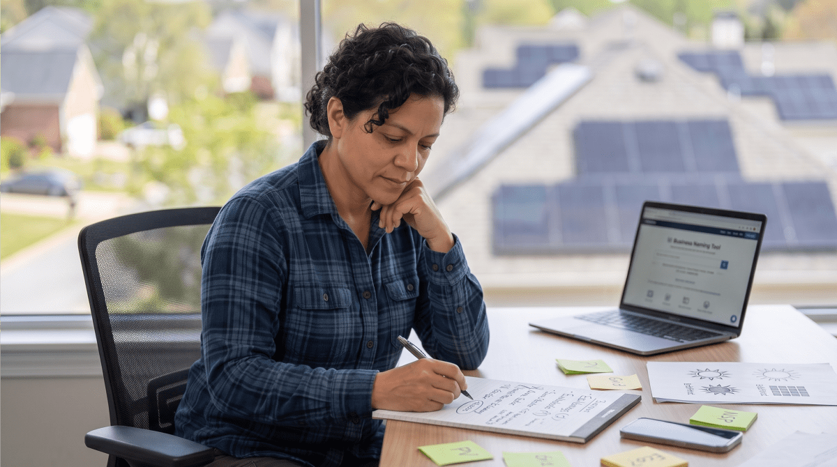 Solar installation owner brainstorming business name ideas