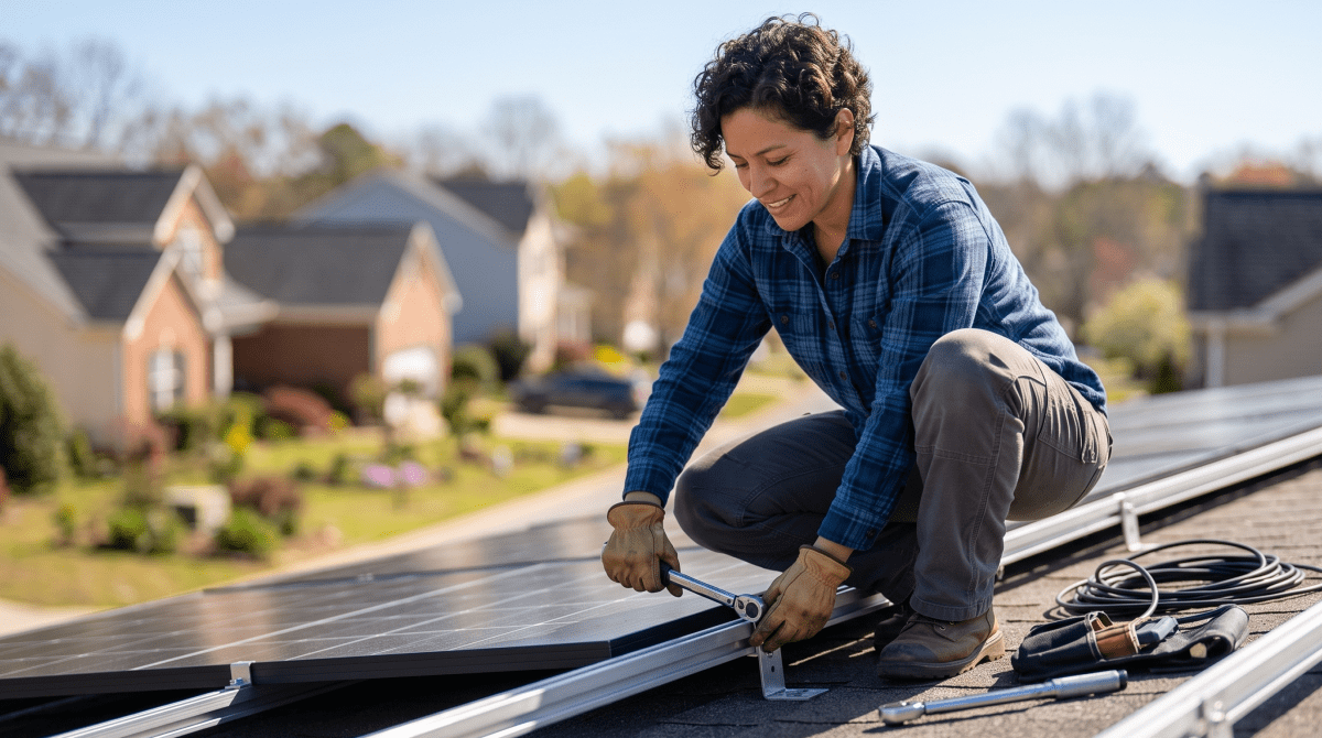 Solar installation business owner installing solar panels