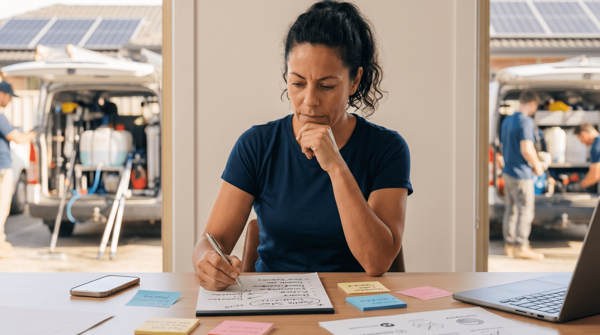 Solar panel cleaning owner brainstorming business name ideas