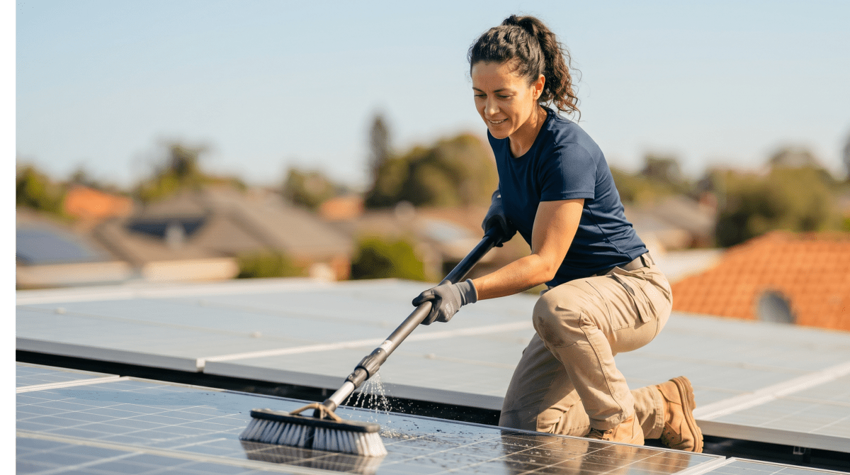 Solar panel cleaning technician washing rooftop panels on a home