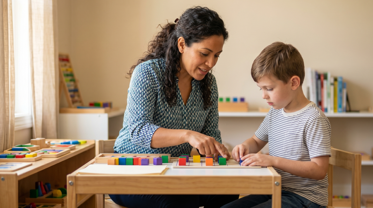 Special needs tutor working with a student at a personalized education and tutoring business