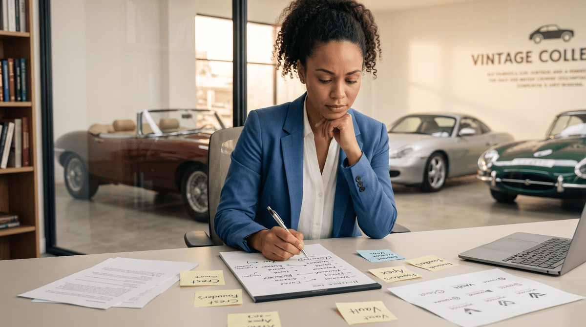 Specialty car brokerage owner brainstorming business name ideas