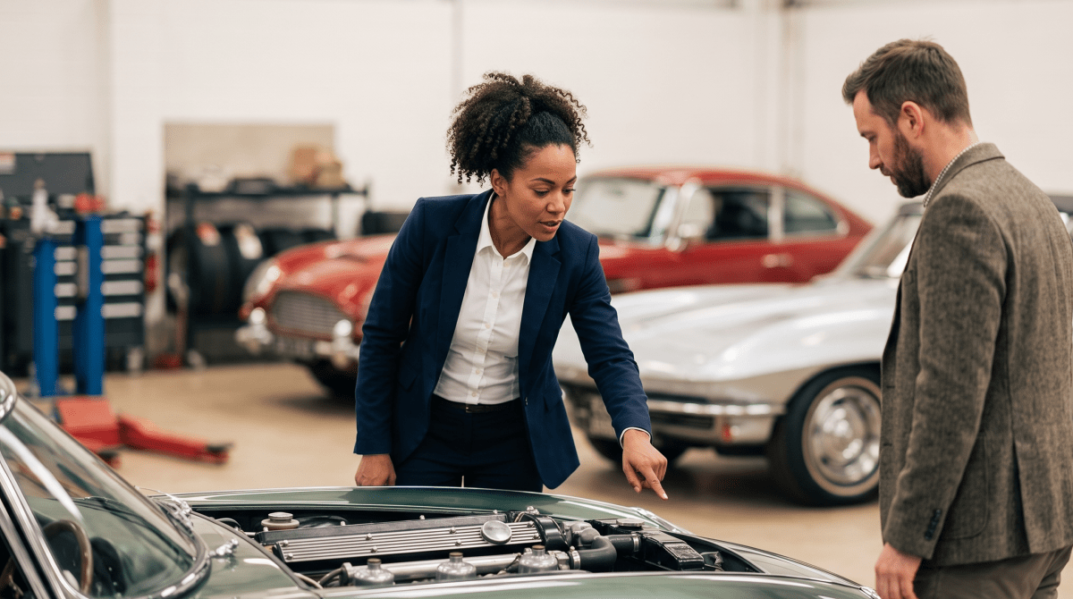 Specialty car broker inspecting a luxury vehicle on a showroom floor
