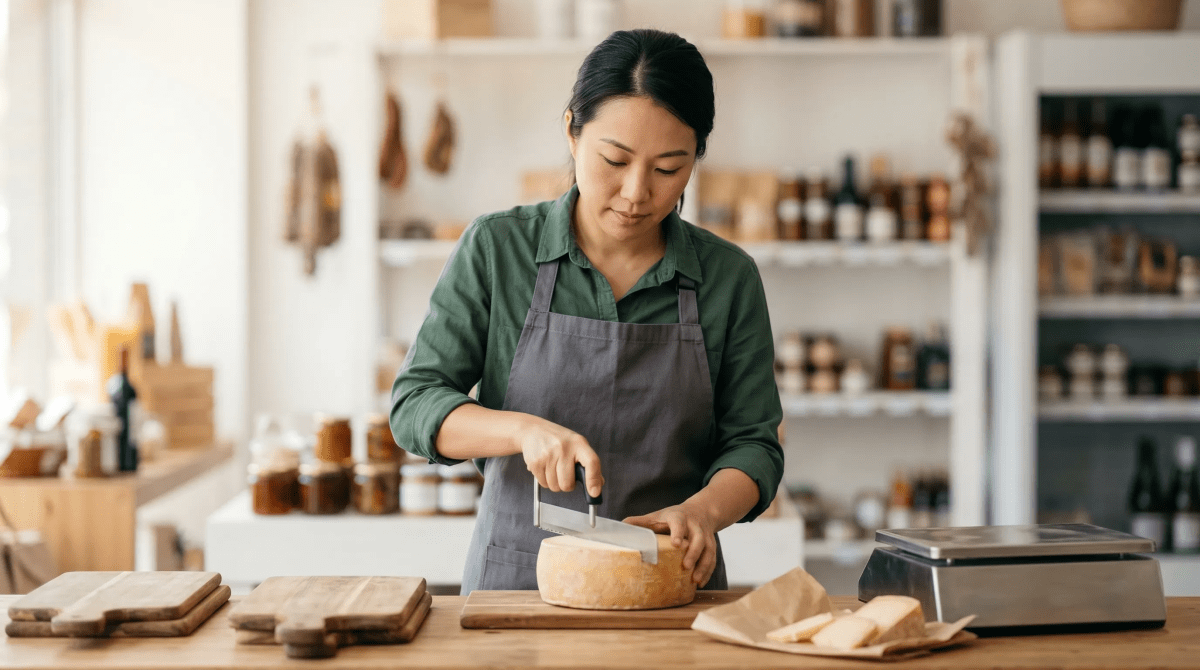 Specialty foods retailer restocking shelves inside store