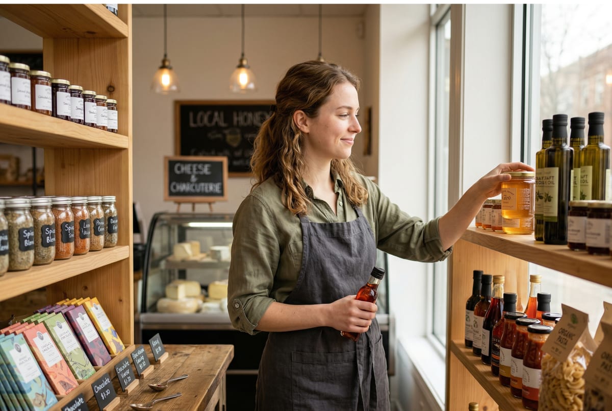 Specialty foods retailer restocking shelves inside store