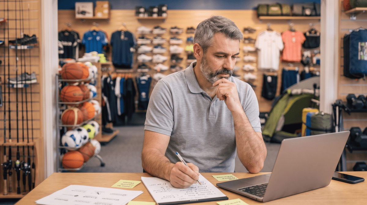Sporting goods store owner brainstorming business name ideas